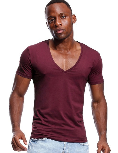 Deep V Neck T Shirt For Men Low Cut Wide Vee Tee Male