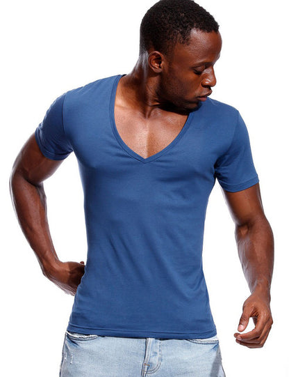 Deep V Neck T Shirt For Men Low Cut Wide Vee Tee Male