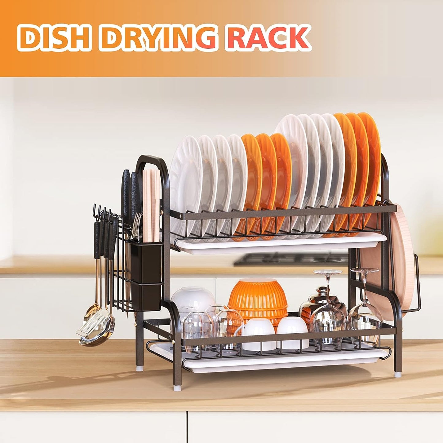 Dish Drying Rack, 2-Tier Dish Racks For Kitchen Counter, Sink Dish Drainer With Drainboard, Utensil Holder And Cutting Board Holder, Stainless Steel Kitchen Drying Rack-Black