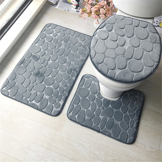 Set Of 3 Bathroom Bath Mat Set Soft Non Slip 2pcs Cobblestone Mat