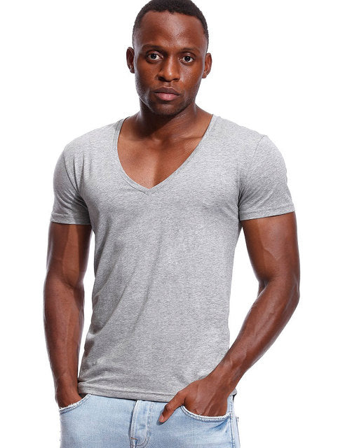 Deep V Neck T Shirt For Men Low Cut Wide Vee Tee Male