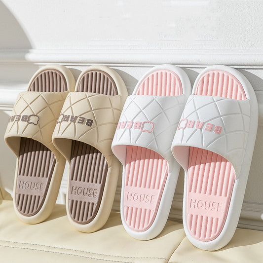 Bear House Shoes New Anti-slip Striped Lozenge Texture Design Slippers For Women Summer Indoor Floor Bathroom Shoes