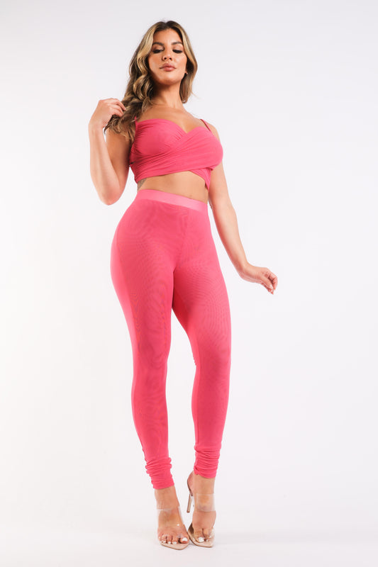 Mesh Contrast Sets Casual Sports Strappy Sleeve Top & Leggings FUCHSIA